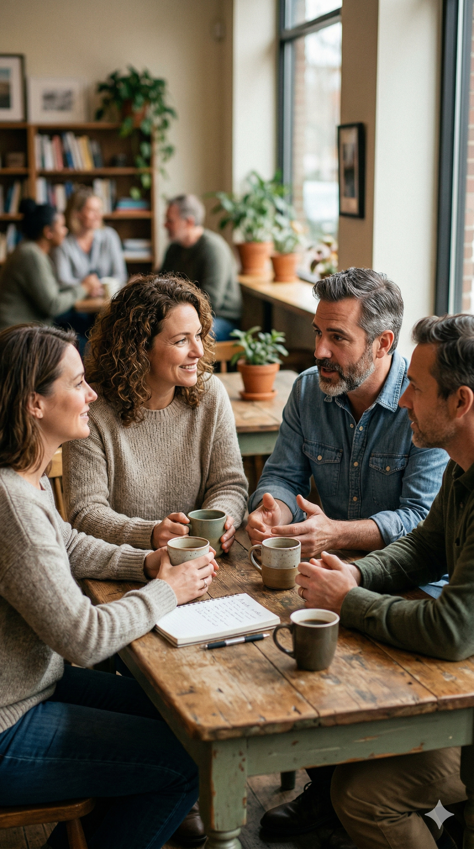 Friends having a genuine conversation over coffee